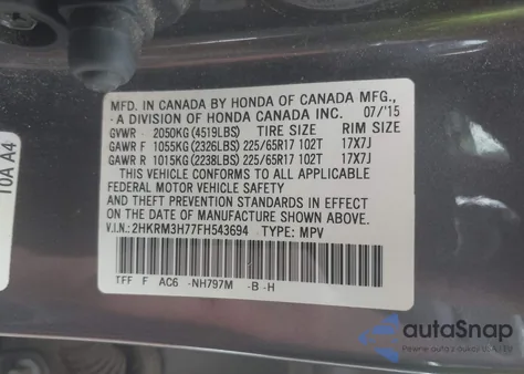 2015 Honda Cr-V Ex-L from USA, damaged, VIN 2HKRM3H77FH543694